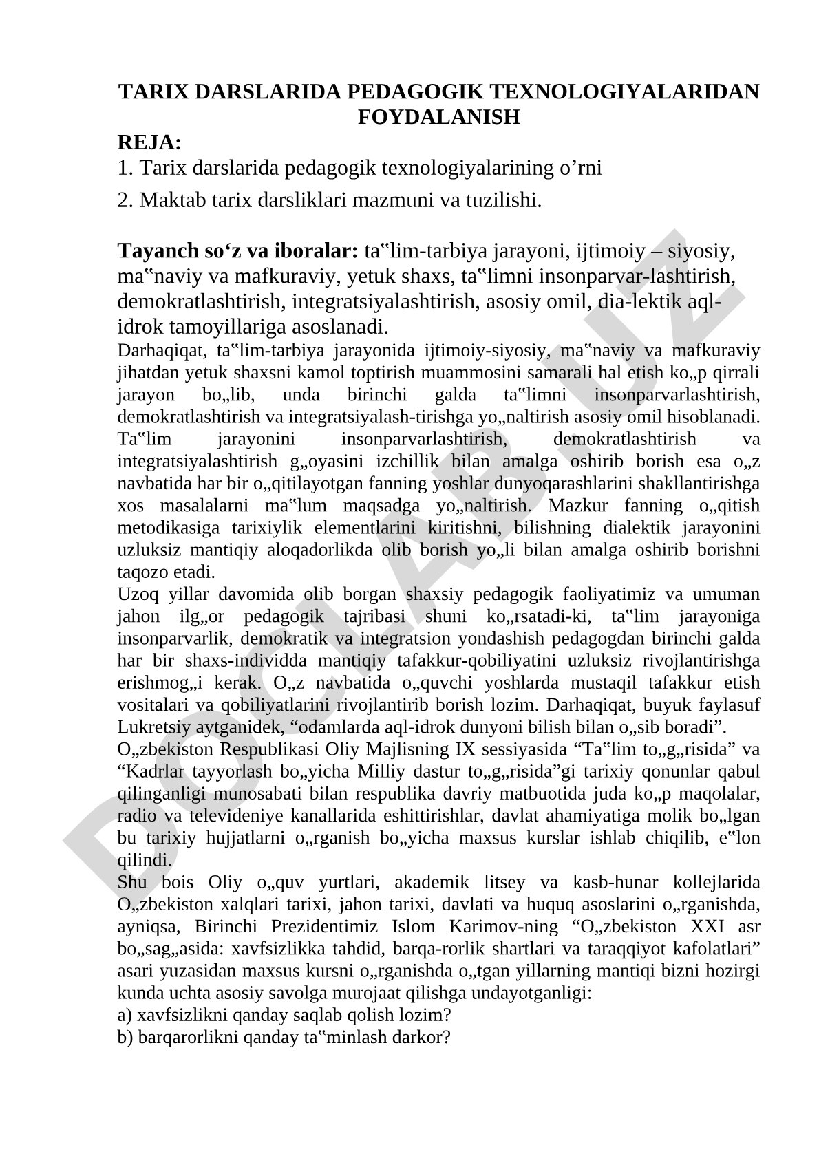 Tarix darslarida pedagogik texnologiyalaridan foydalanish