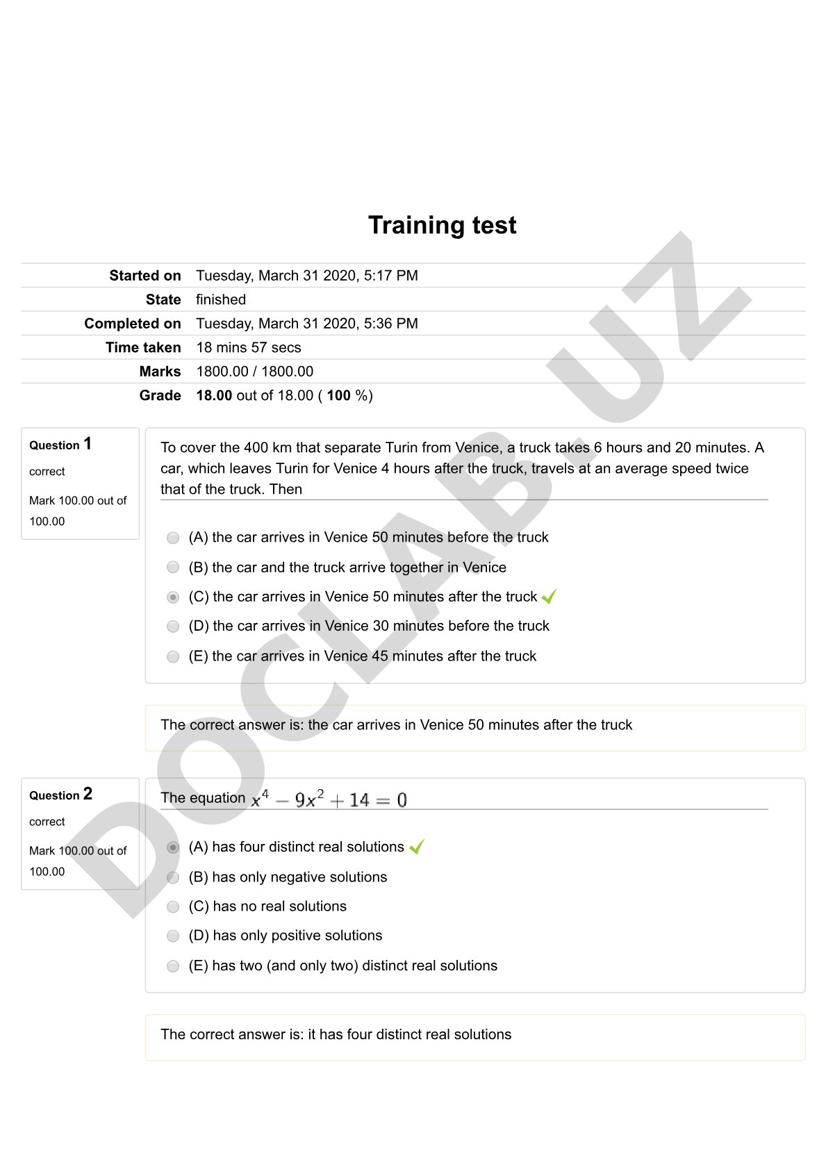 Training test in mathematics