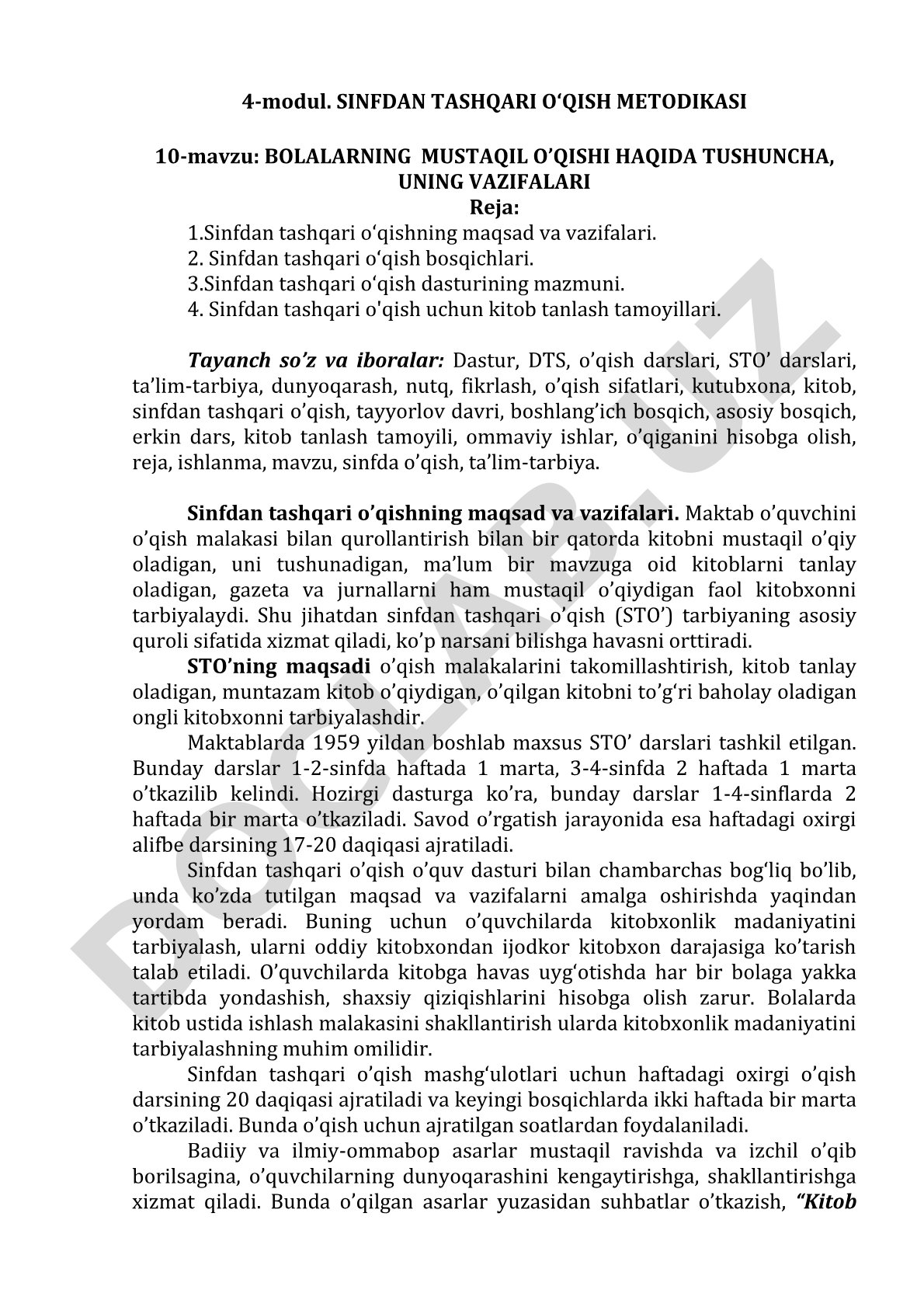 Bolalarning mustaqil o'qishi haqida tushuncha, uning vazifalari