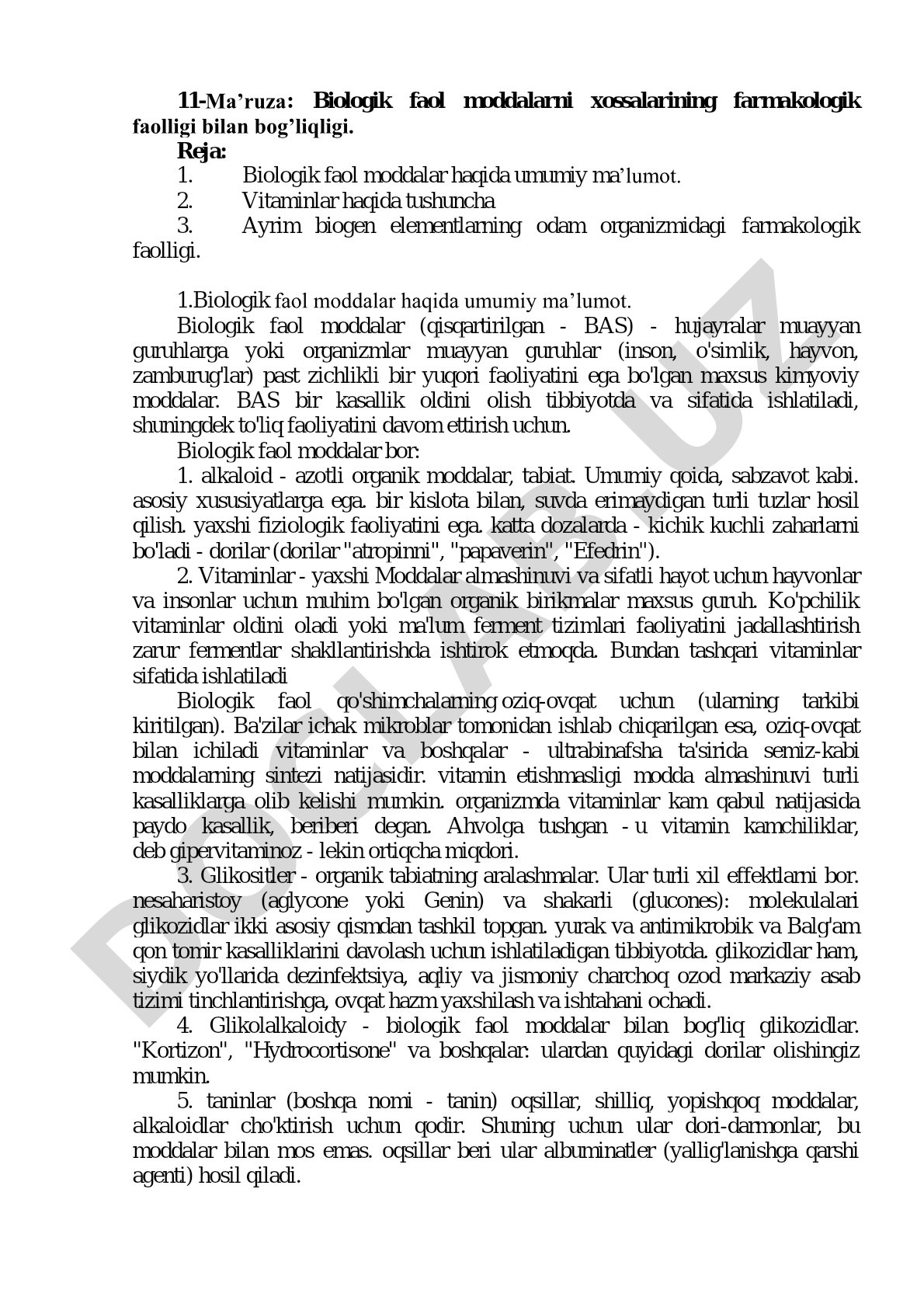 Biologik faol moddalarni xossalarining farmakologik faolligi bilan bog’liqligi
