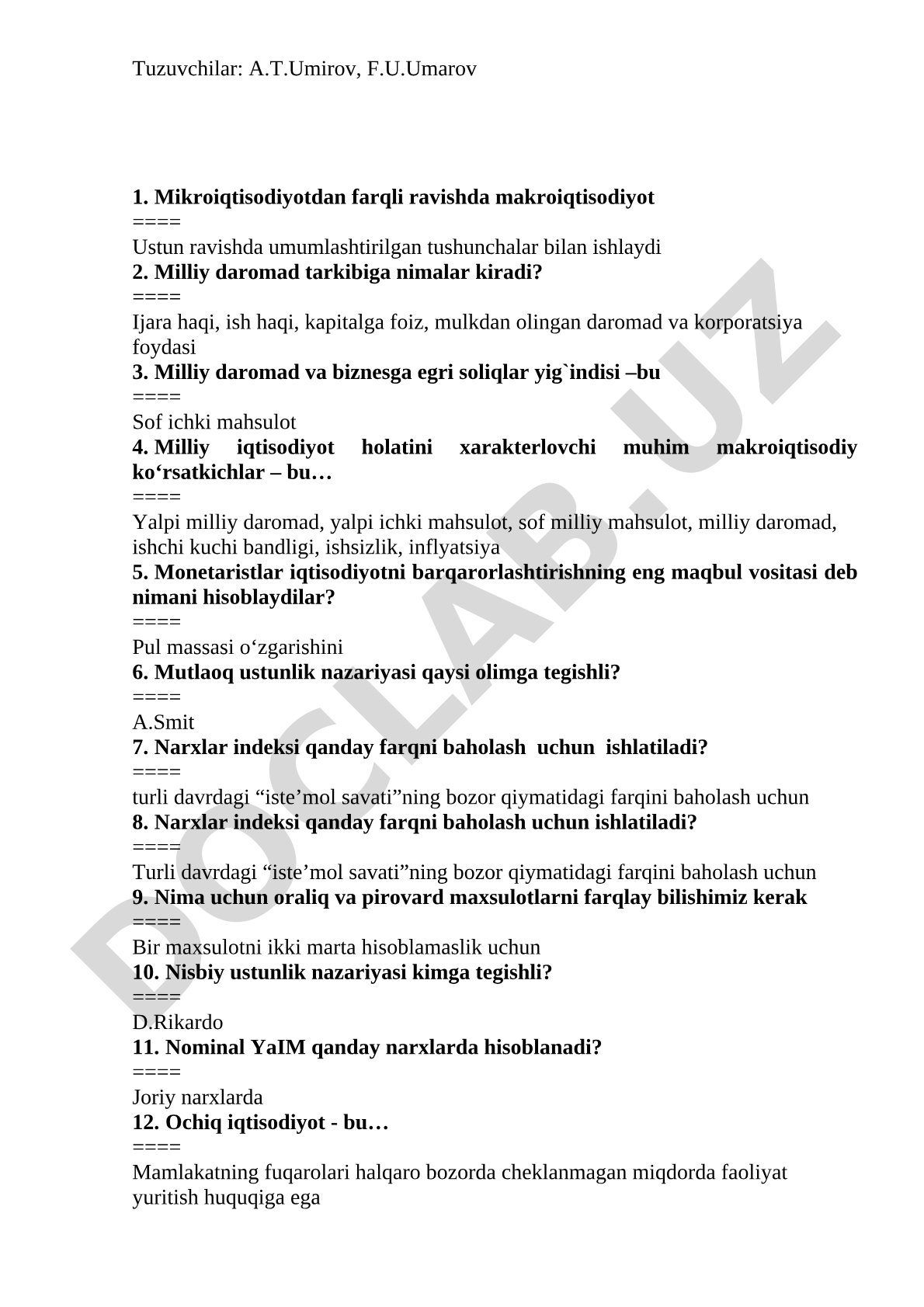 Makroiqtisodiyot bo'yicha savol-javoblar
