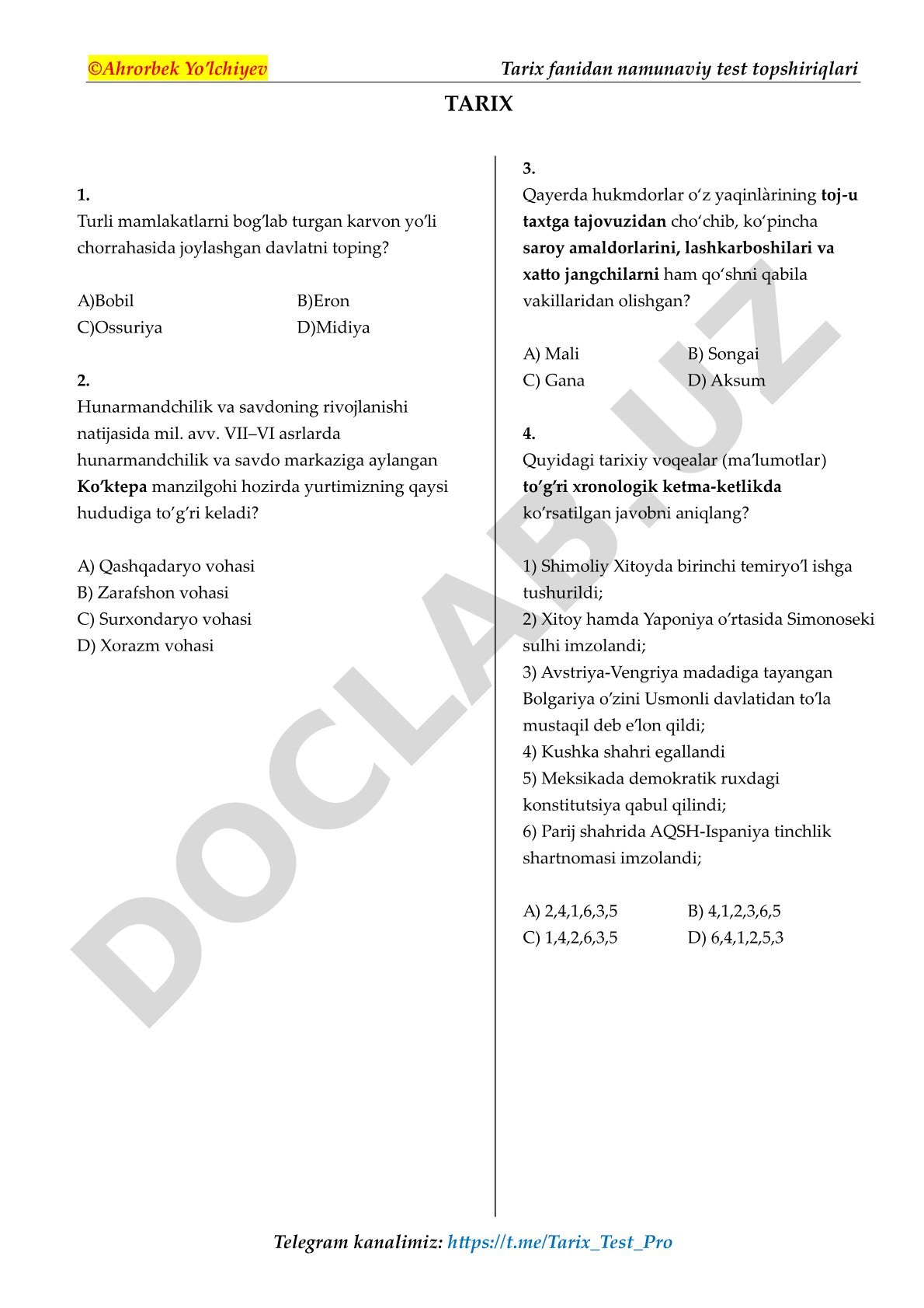 Tarix fanidan namunaviy test topshiriqlari