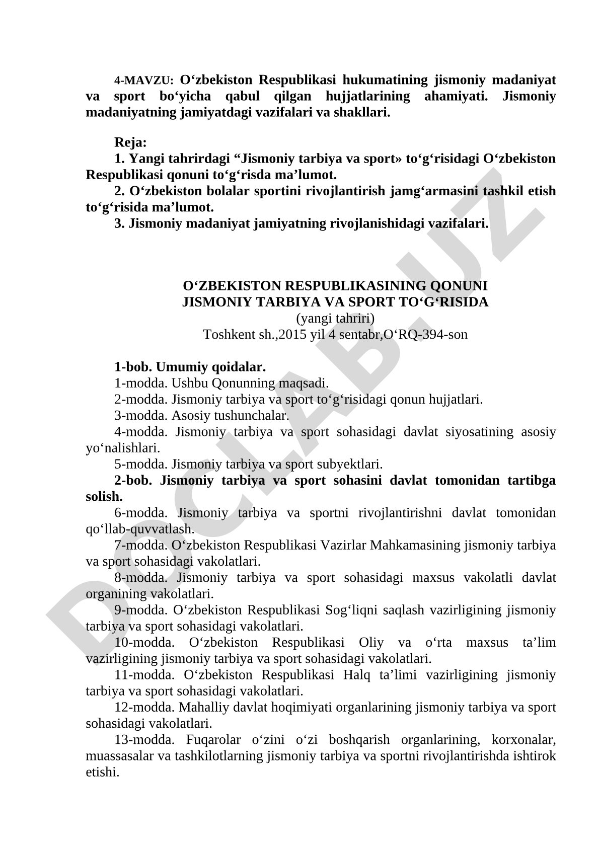 O‘zbekiston Respublikasi hukumatining jismoniy madaniyat va sport bo‘yicha qabul qilgan hujjatlarining ahamiyati