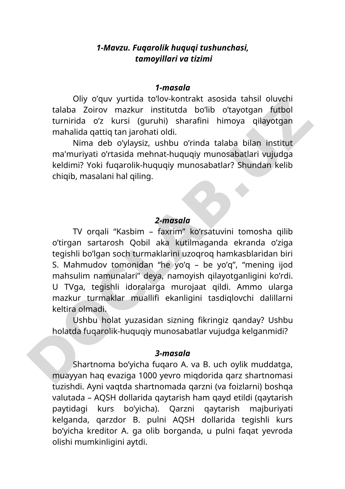 Fuqarolik huquqi tushunchasi, tamoyillari va tizimi