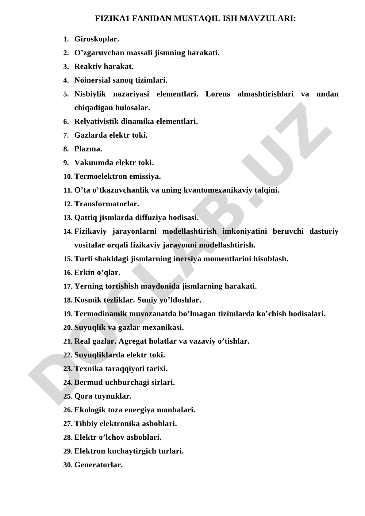 Fizika 1 fanidan mustaqil ish mavzulari