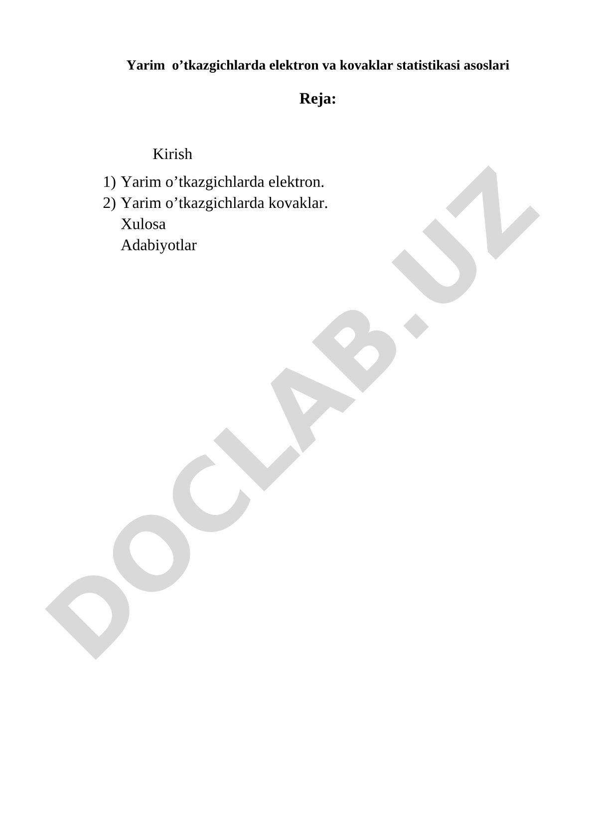 Yarim o’tkazgichlarda elektron va kovaklar statistikasi asoslari