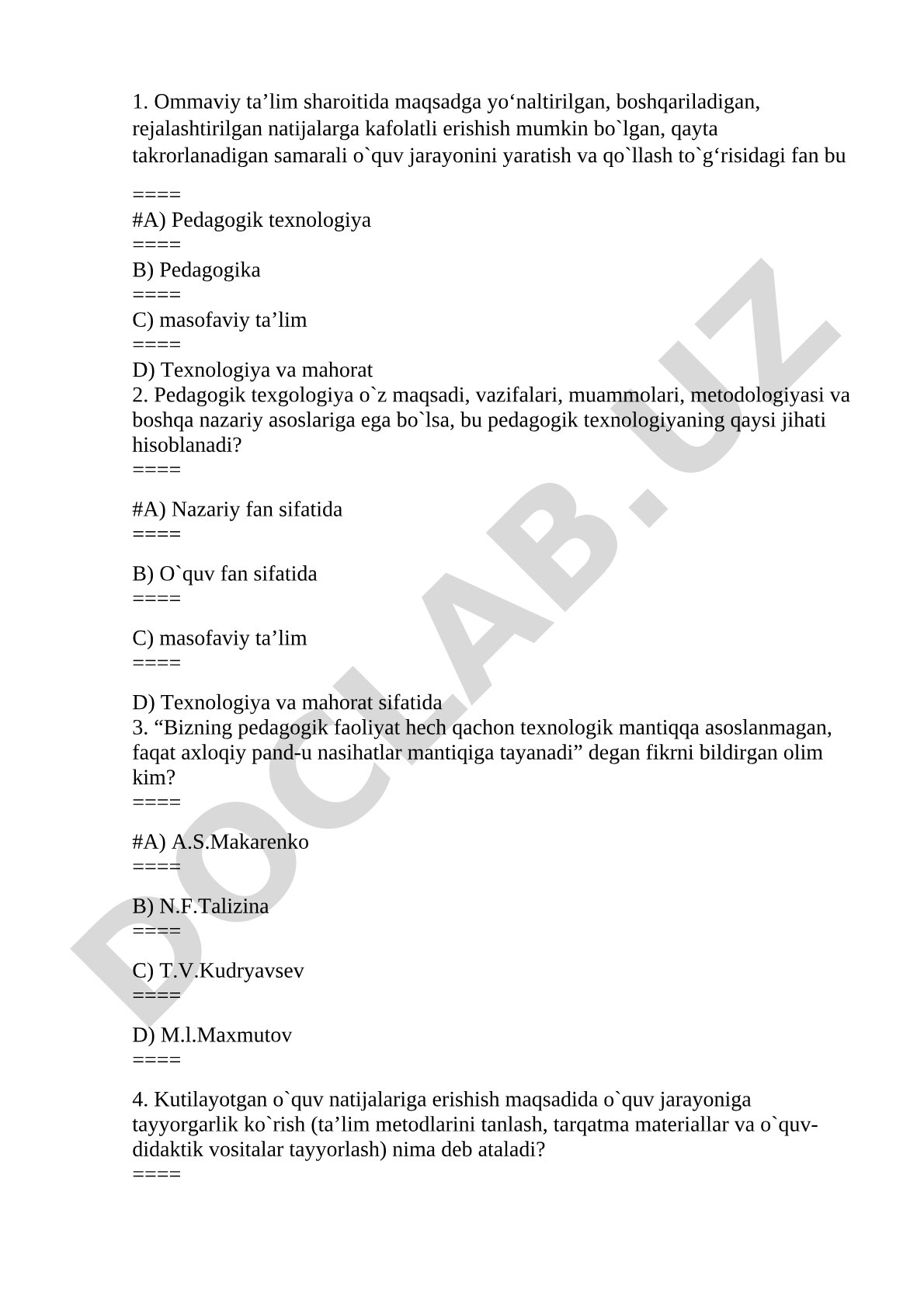 Pedagogik texnologiya fanidan test savollari