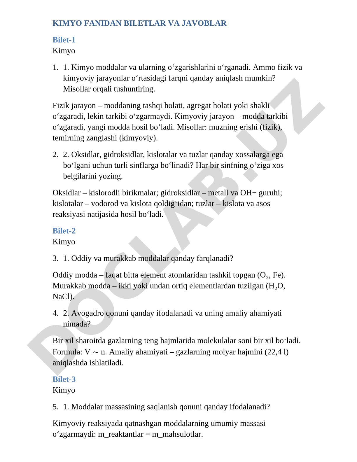 KIMYO FANIDAN BILETLAR VA JAVOBLAR