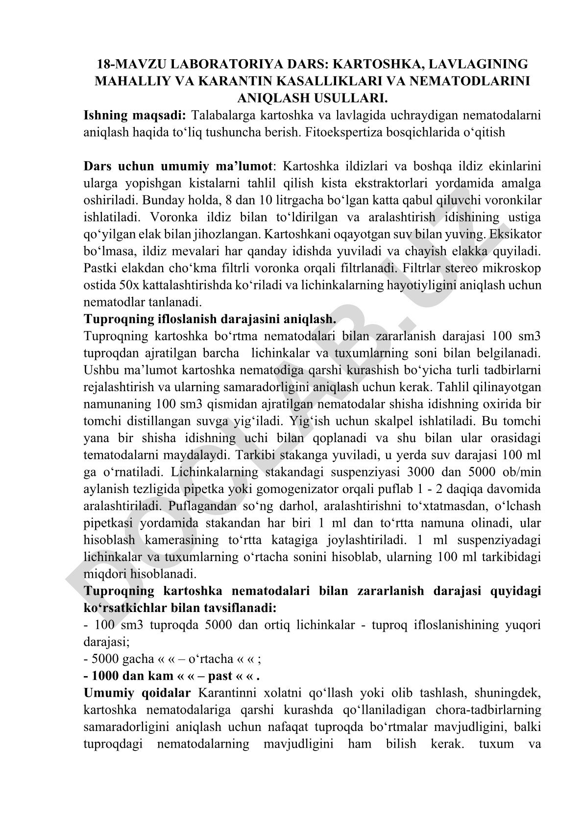 Kartoshka va lavlagining mahalliy va karantin kasalliklari va nematodlarini aniqlash usullari