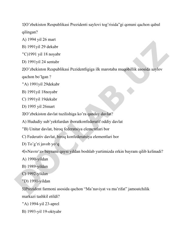 O'zbekiston Respublikasi Prezidenti saylovi va davlat tuzilishi test savollari