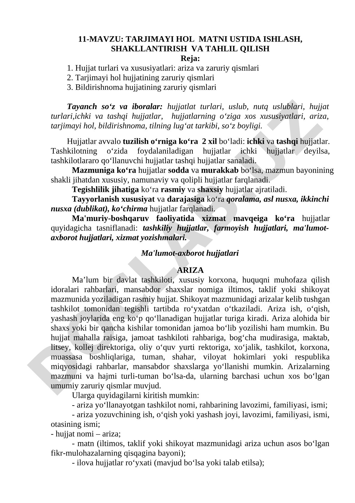 Tarjimayi hol matni ustida ishlash, shakllantirish va tahlil qilish
