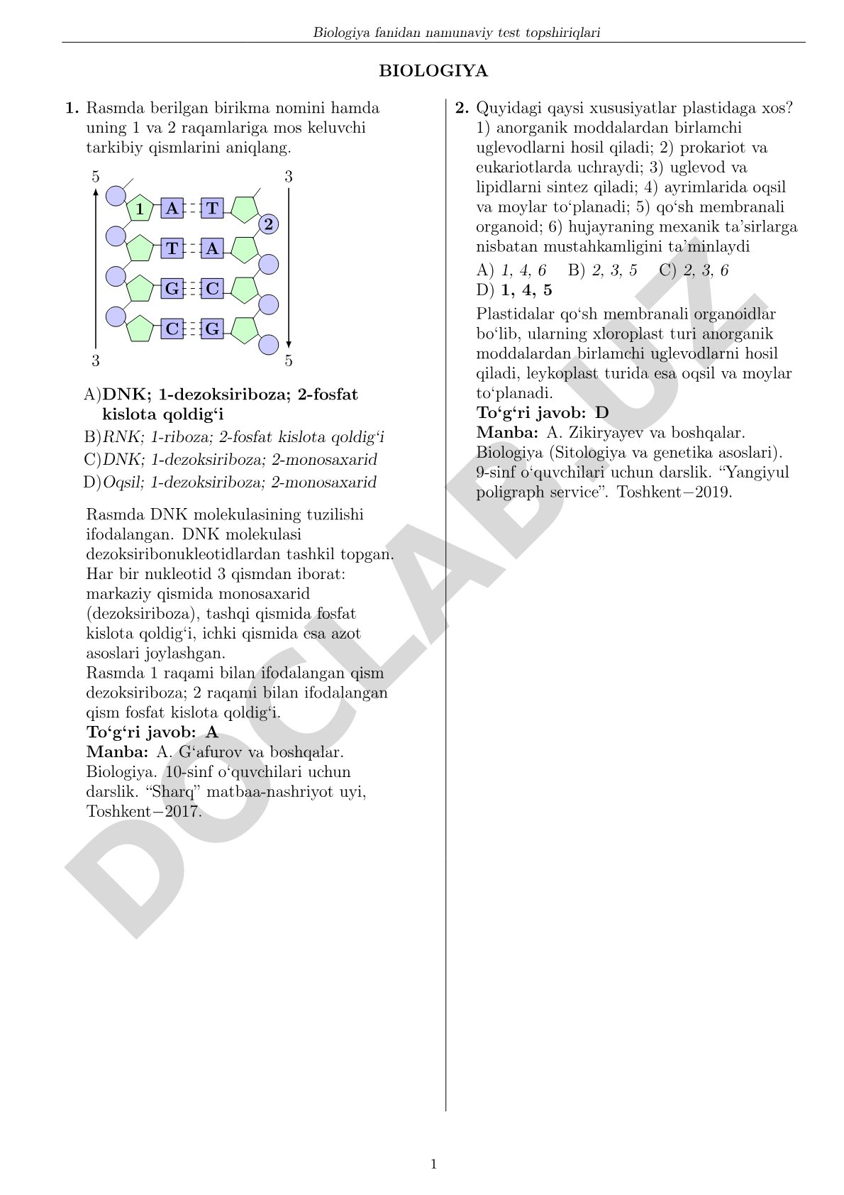 Biologiya fanidan namunaviy test topshiriqlari
