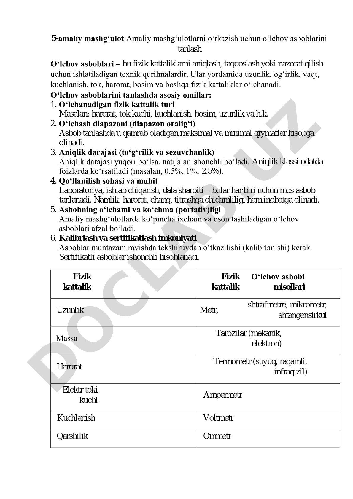 Amaliy mashg‘ulotlarni o‘tkazish uchun o‘lchov asboblarini tanlash
