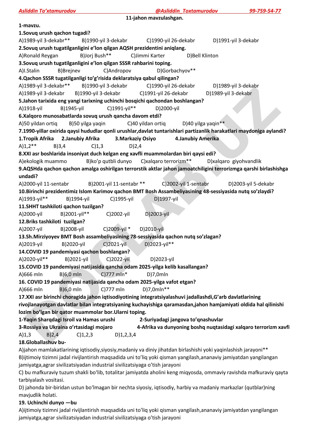 Sovuq urush yakuni va SSSR tugatilishi testi