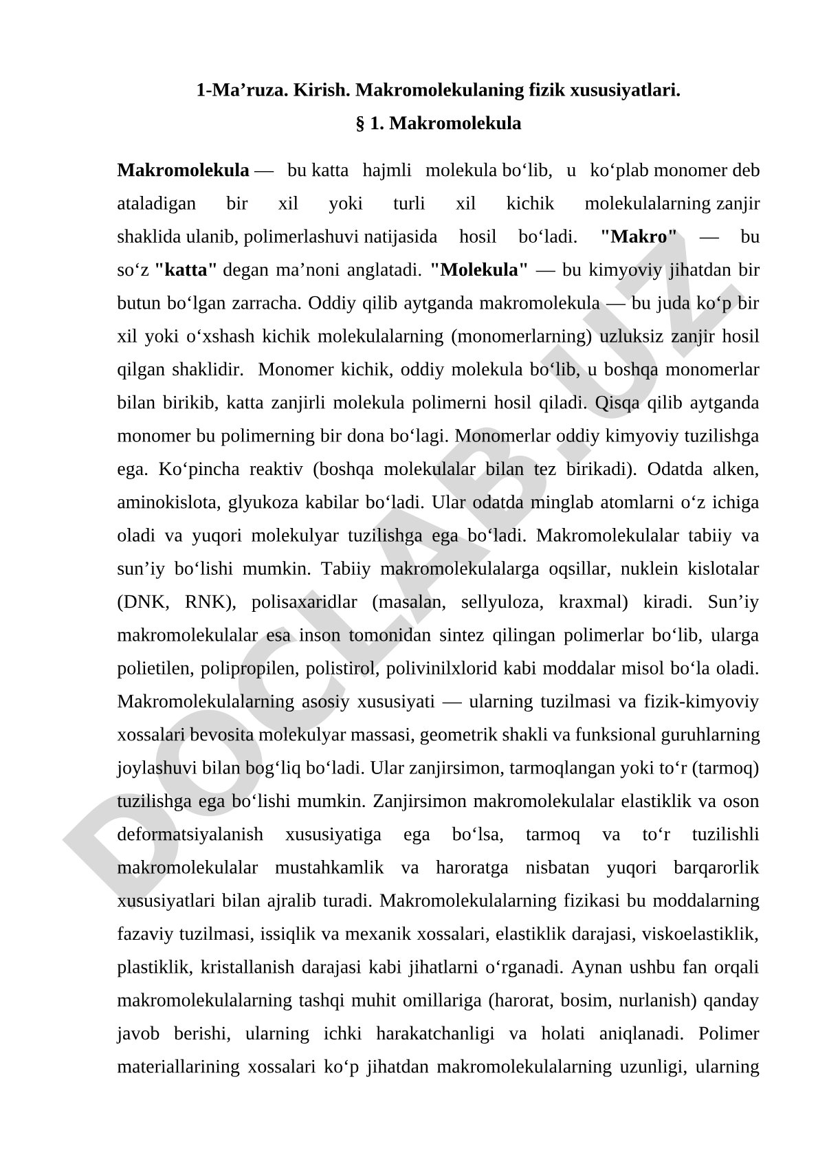 Kirish. Makromolekulaning fizik xususiyatlari