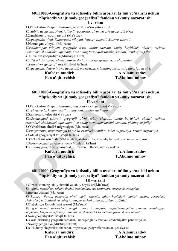 O'zbekiston Respublikasining geografik o'rni va viloyatlar iqtisodiy geografiyasi