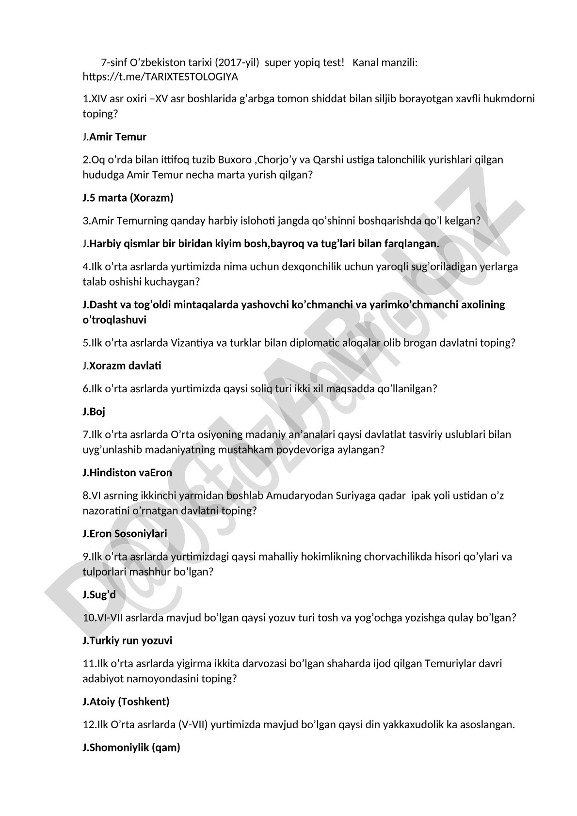 O'zbekiston tarixi 7-sinf test savollari