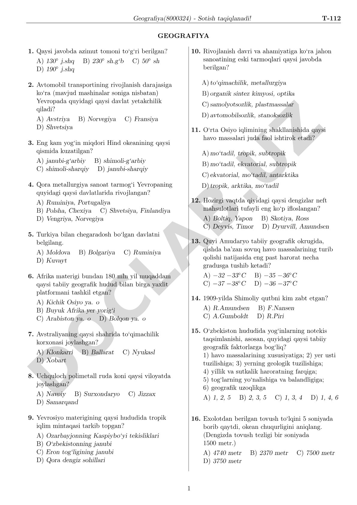 Geografiya fanidan T-112 test savollari