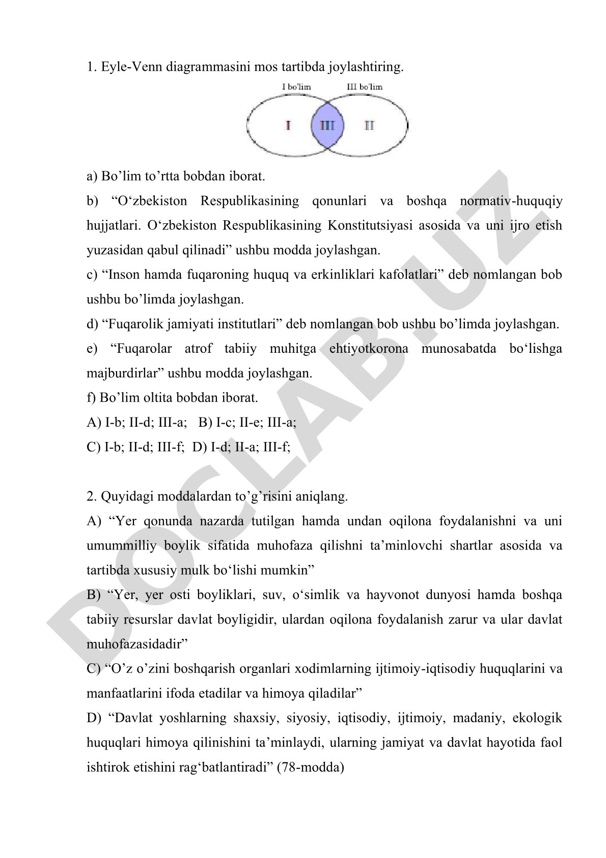 O'zbekiston Konstitutsiyasi bo'yicha test savollari