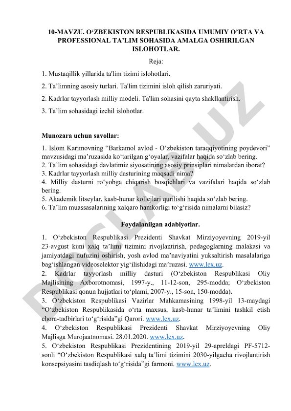O‘zbekiston Respublikasida umumiy o’rta va professional ta’lim sohasida amalga oshirilgan islohotlar
