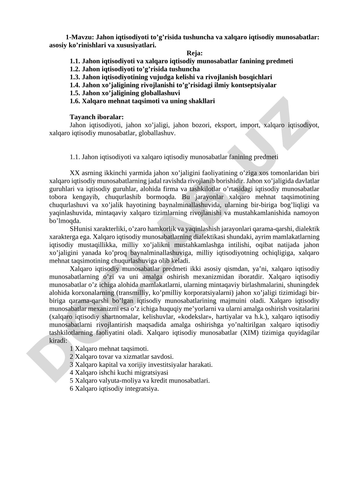 Jahon iqtisodiyoti to’g’risida tushuncha va xalqaro iqtisodiy munosabatlar: asosiy ko’rinishlari va xususiyatlari