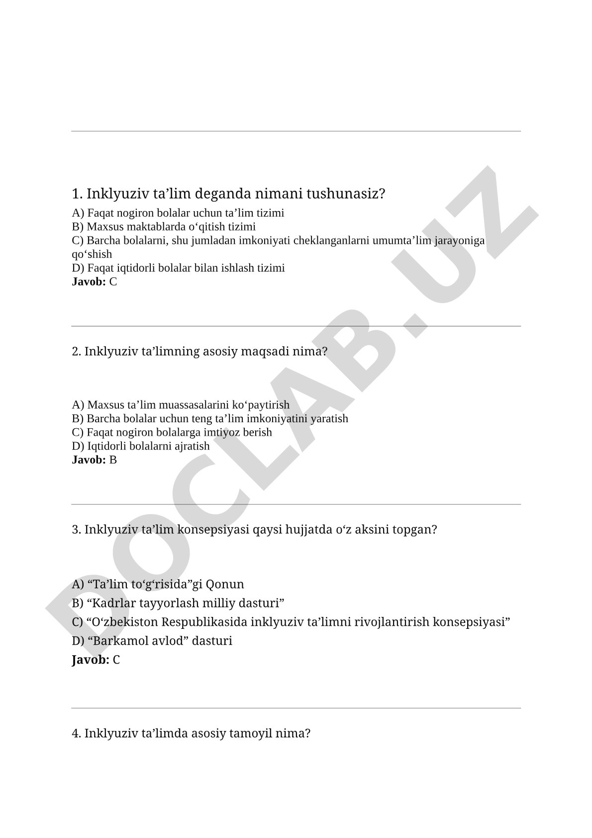 Inklyuziv ta'lim test savollari