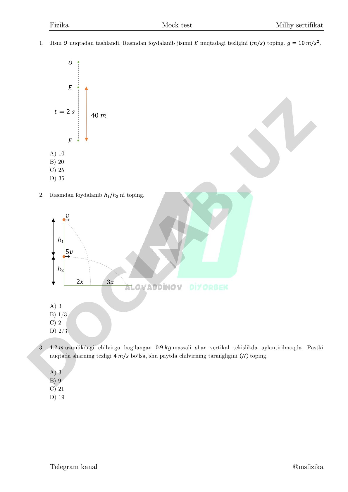 Fizika mock test Milliy sertifikat