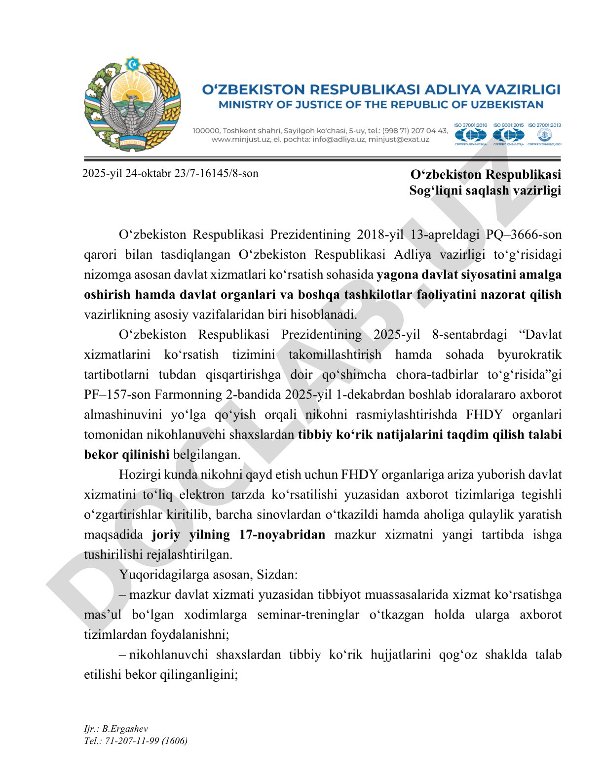 Nikohni rasmiylashtirishda tibbiy ko‘rik natijalarini taqdim qilish talabini bekor qilish