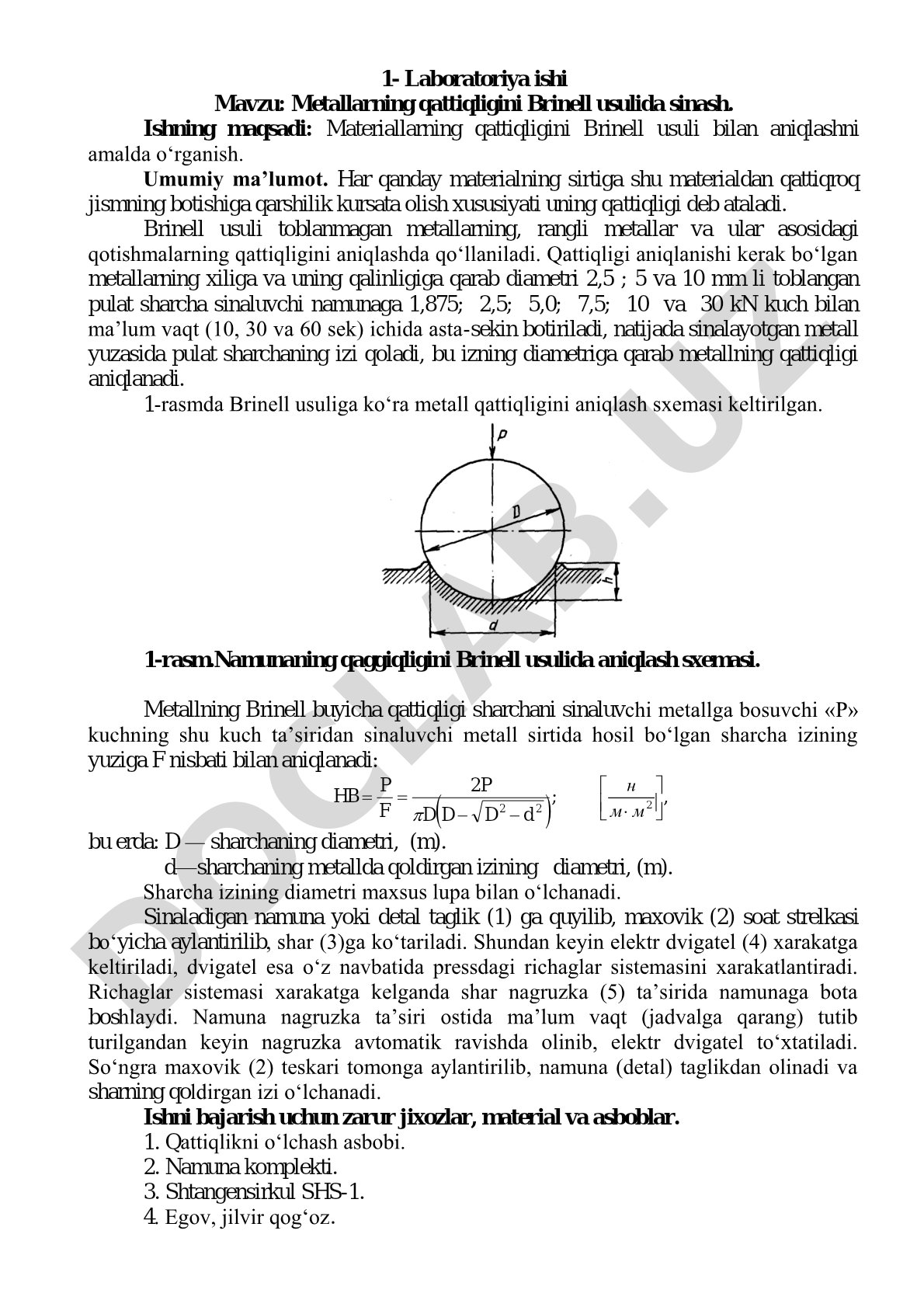 Metallarning qattiqligini Brinell usulida sinash