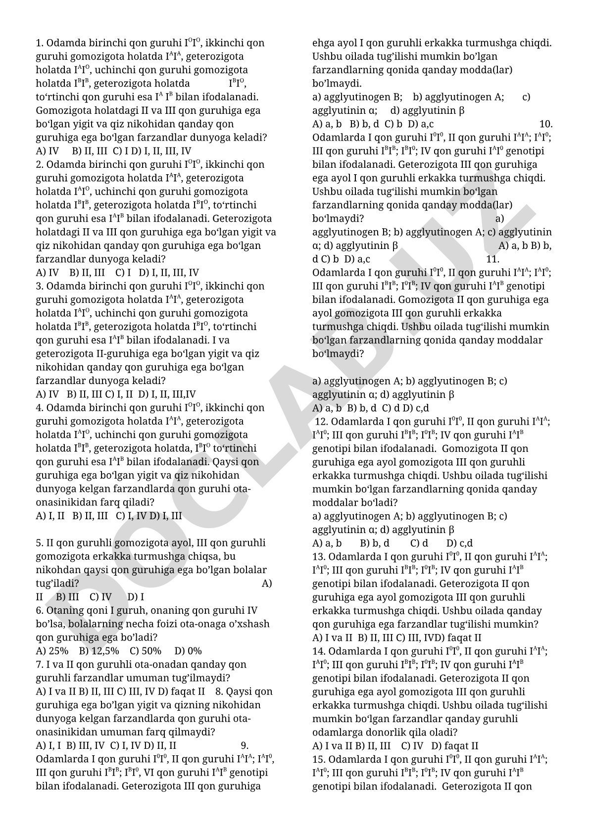 Odam qon guruhlari irsiylanishiga oid test savollari