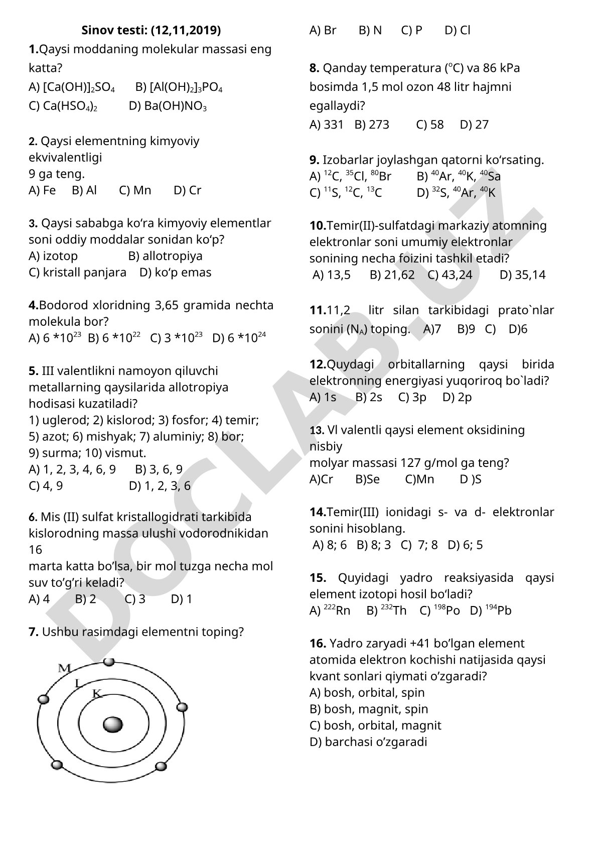 Molekulyar massa, ekvivalentlik, allotropiya va boshqa mavzularda kimyo testi