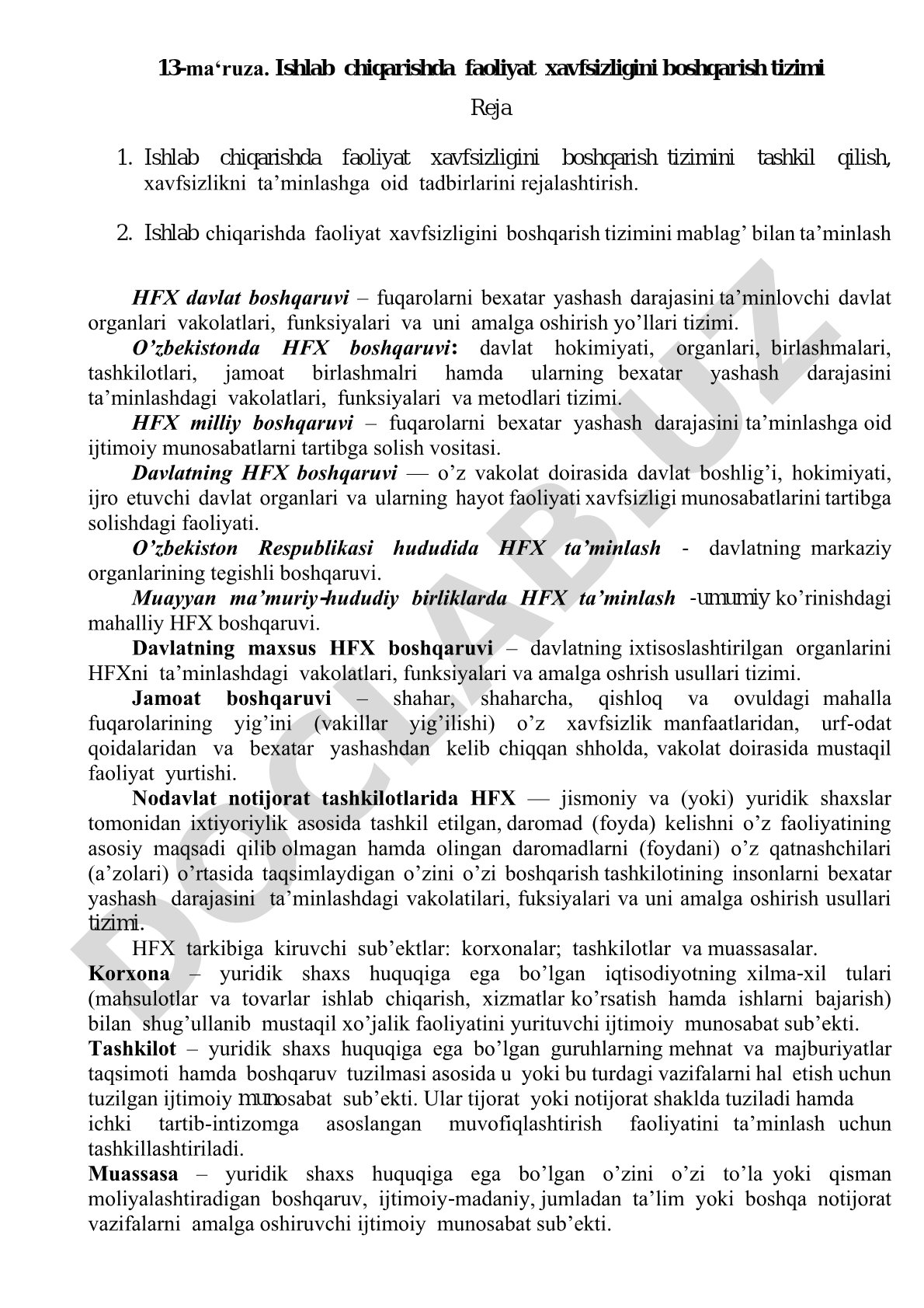 Ishlab chiqarishda faoliyat xavfsizligini boshqarish tizimi