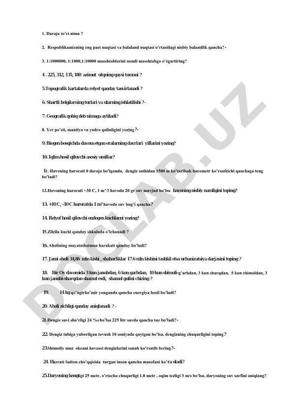 Geografiya fanidan test savollari