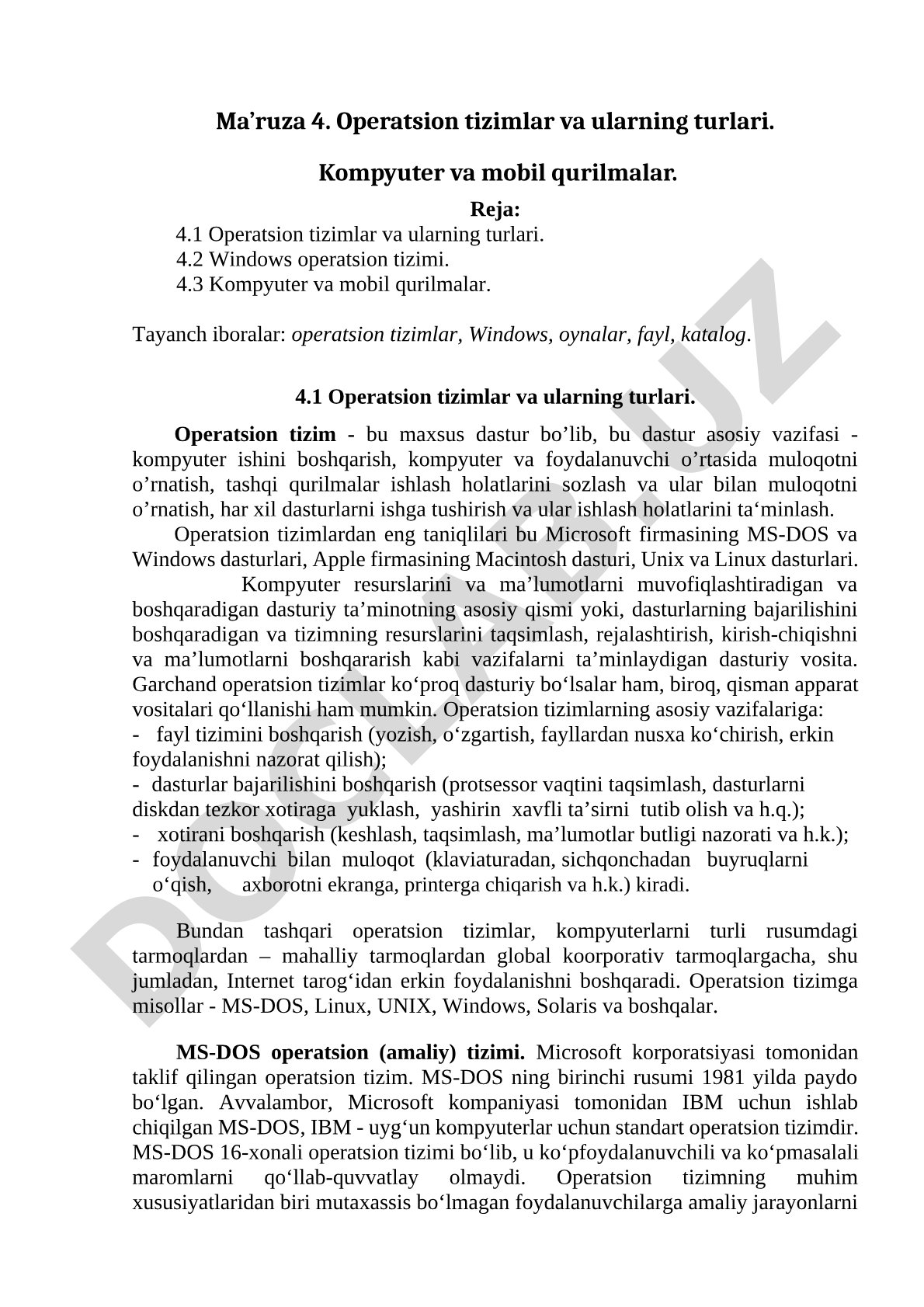 Operatsion tizimlar va ularning turlari. Kompyuter va mobil qurilmalar.