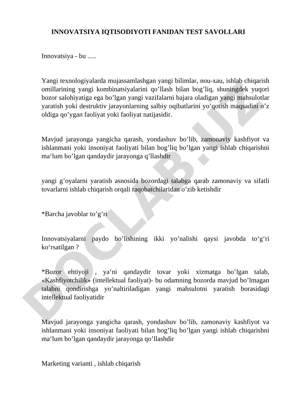 Innovatsiya iqtisodiyoti fanidan test savollari