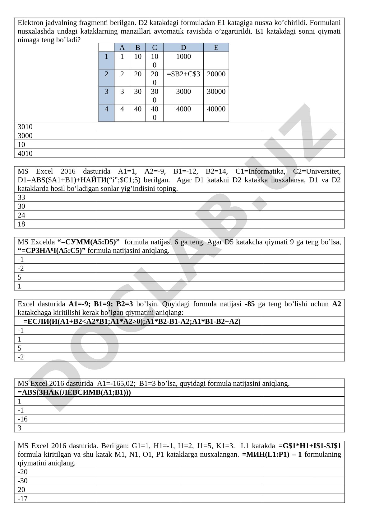 MS Excel formulalari bo'yicha test savollari