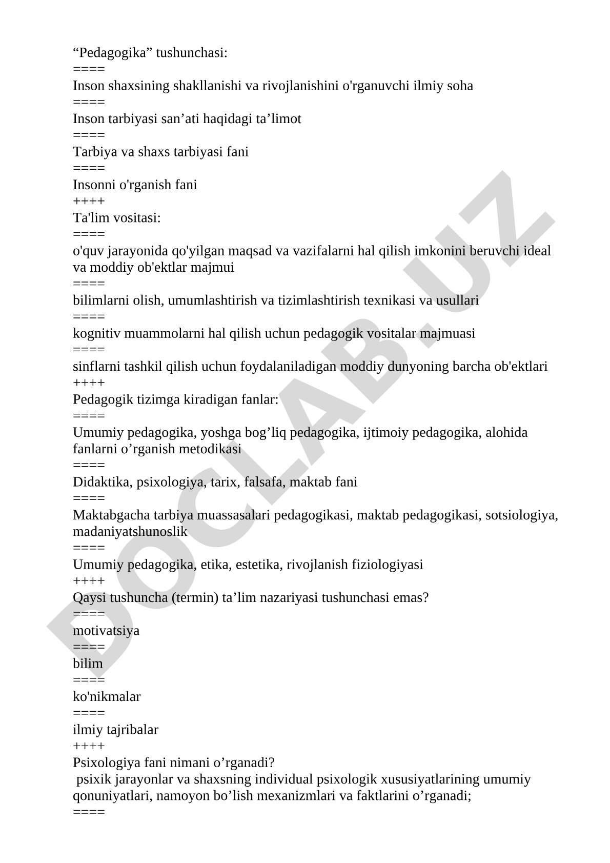 Pedagogika va psixologiya fanlaridan test savollari