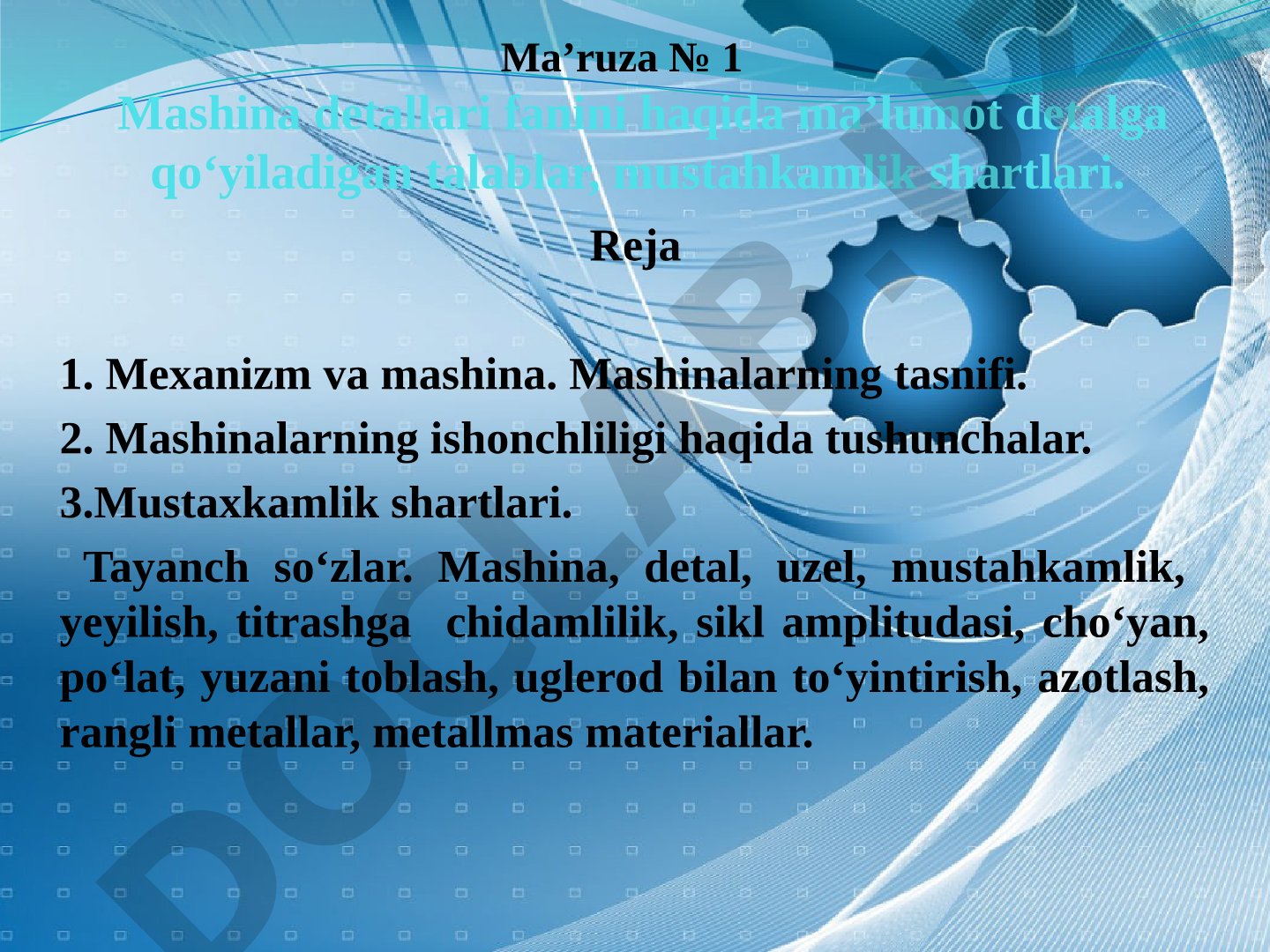 Mashina detallari fani va mustahkamlik shartlari
