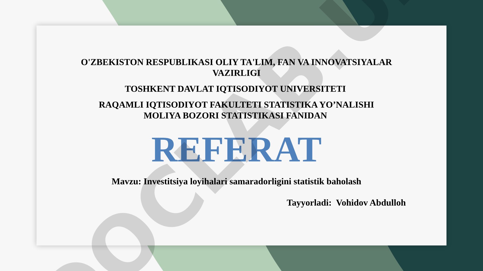 Investitsiya loyihalari samaradorligini statistik baholash