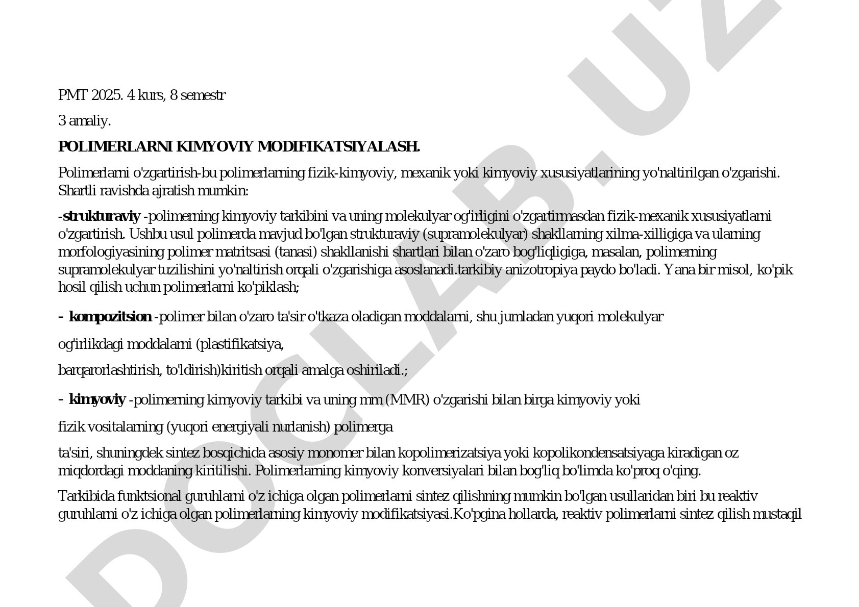 POLIMERLARNI KIMYOVIY MODIFIKATSIYALASH