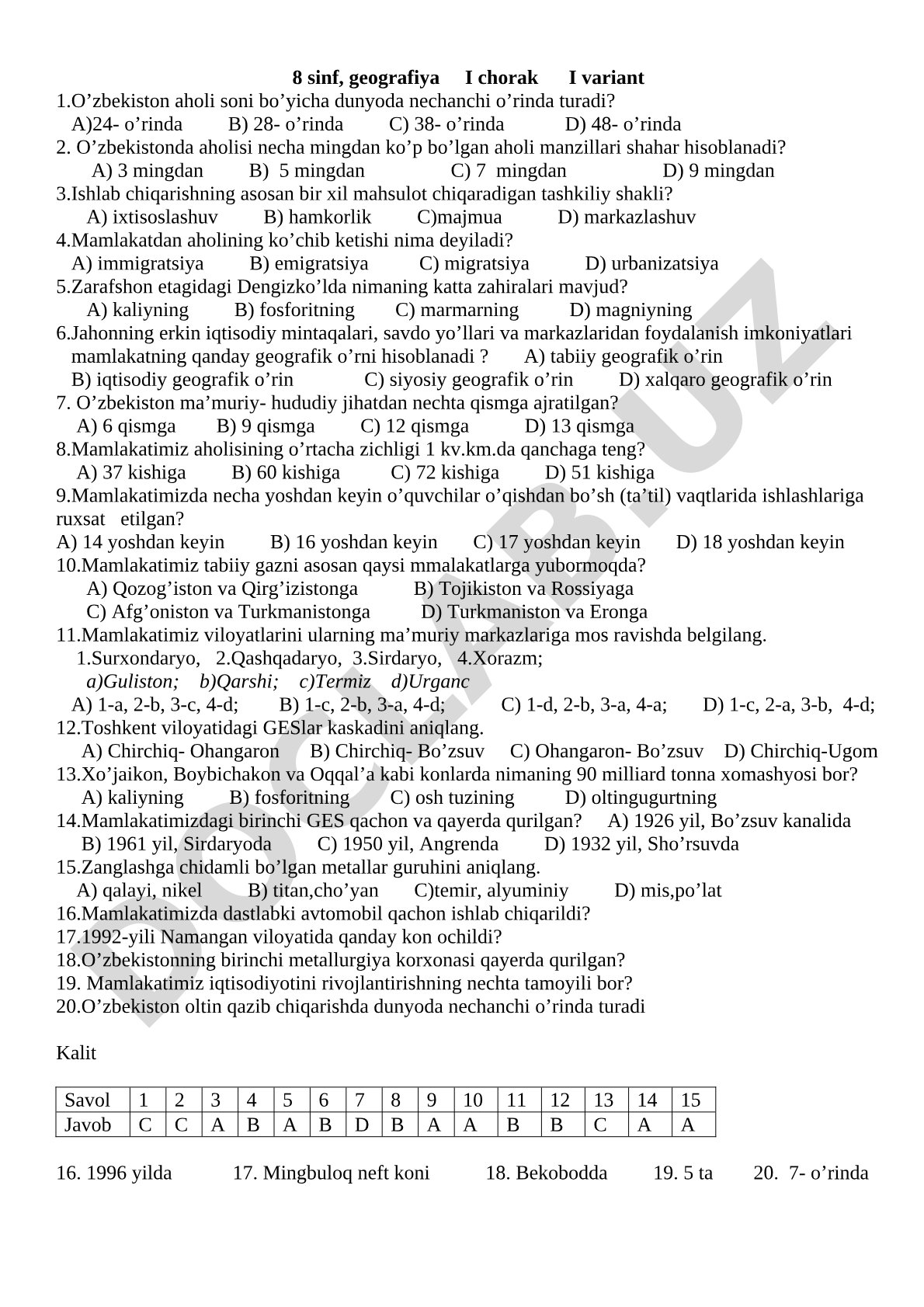 8 sinf, geografiya I chorak I variant