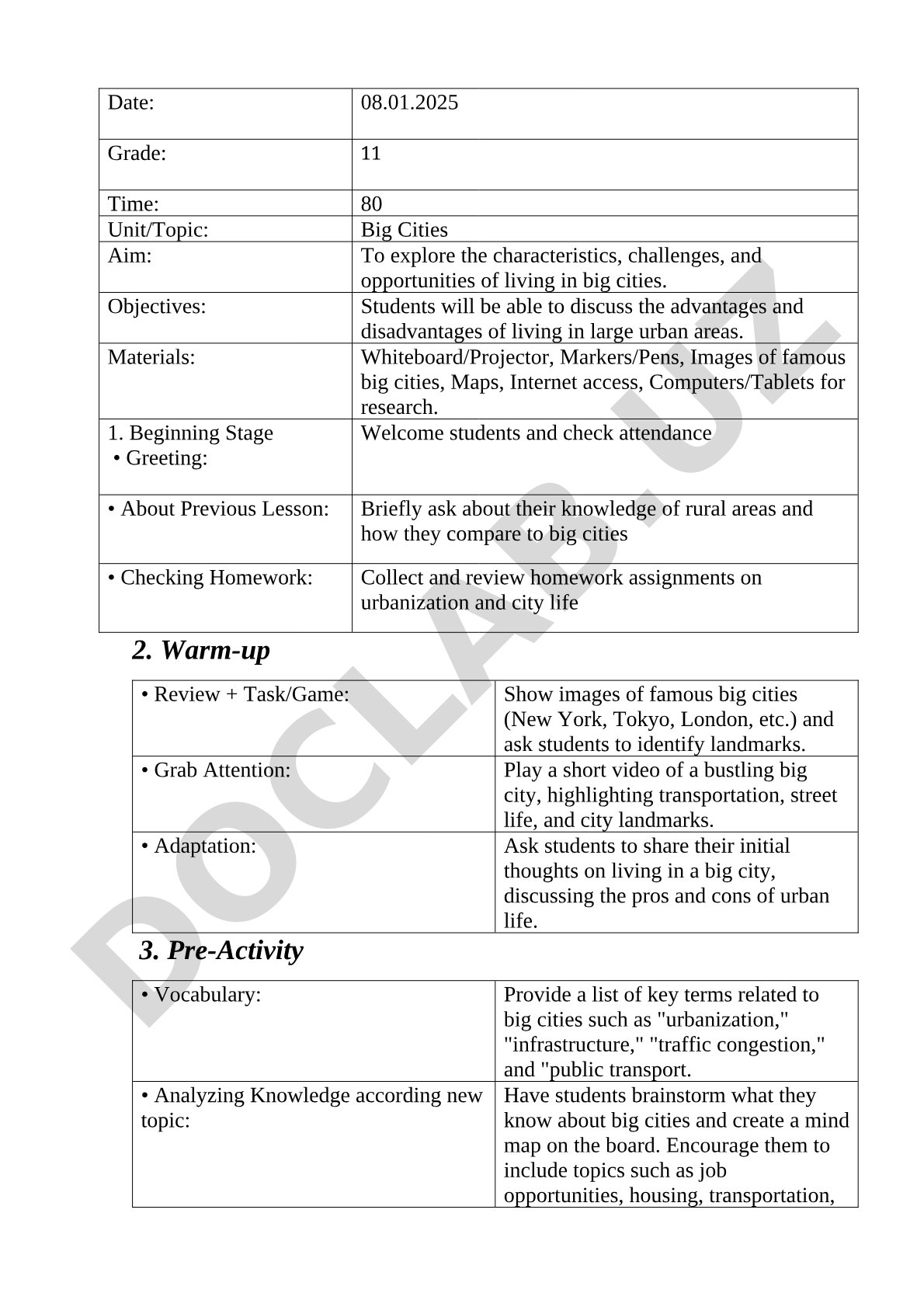 Lesson plan on exploring characteristics, challenges, and opportunities of living in big