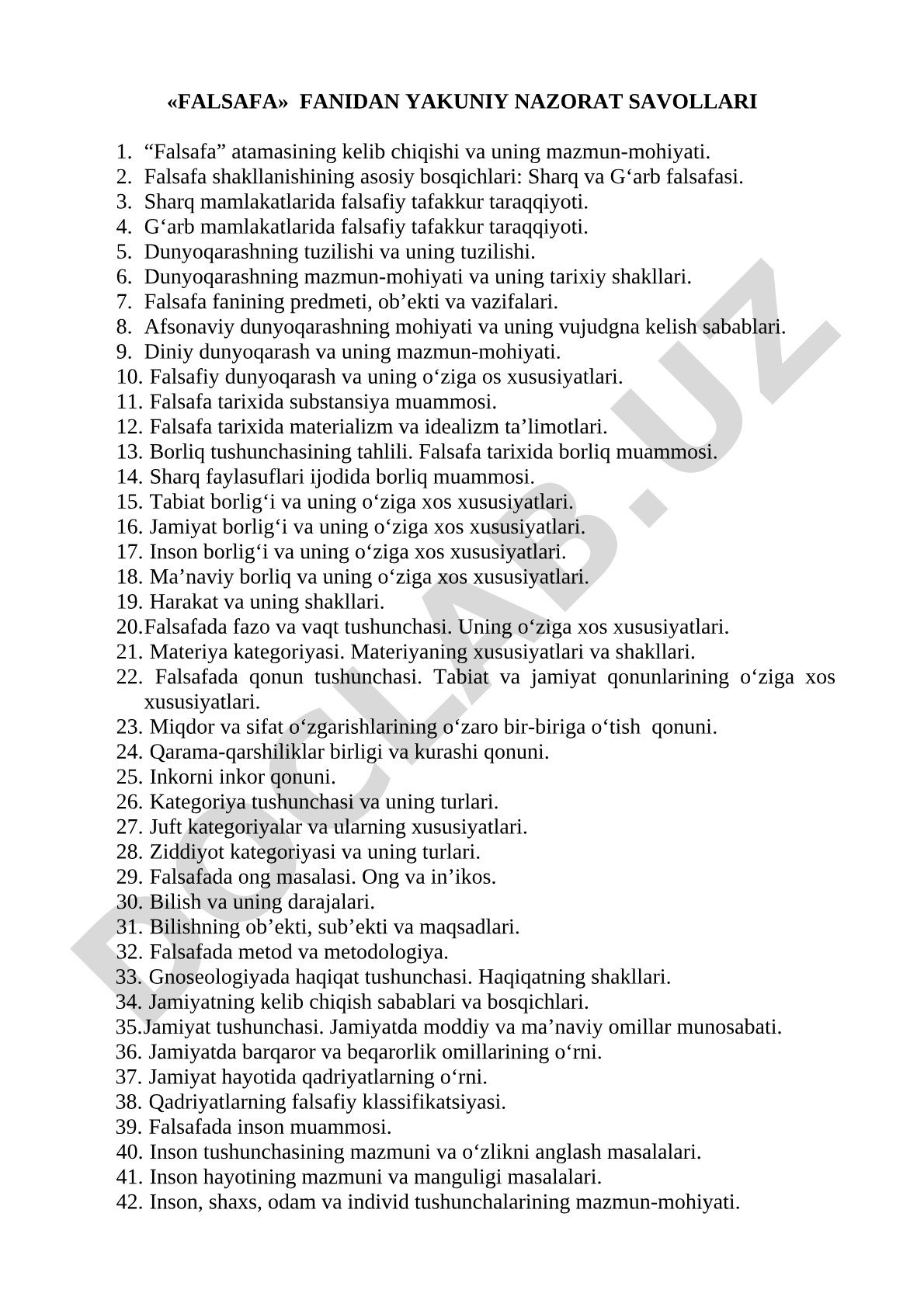 Falsafa fanidan yakuniy nazorat savollari
