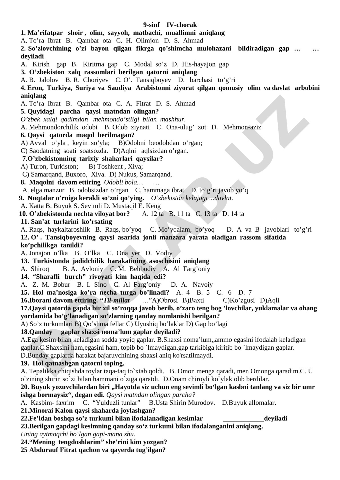 9-sinf IV-chorak test: adabiyot, tarix va ona tili savollari