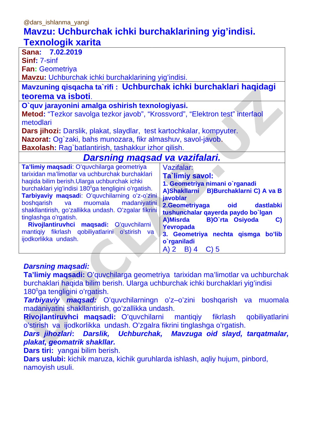 Uchburchak ichki burchaklarining yig’indisi