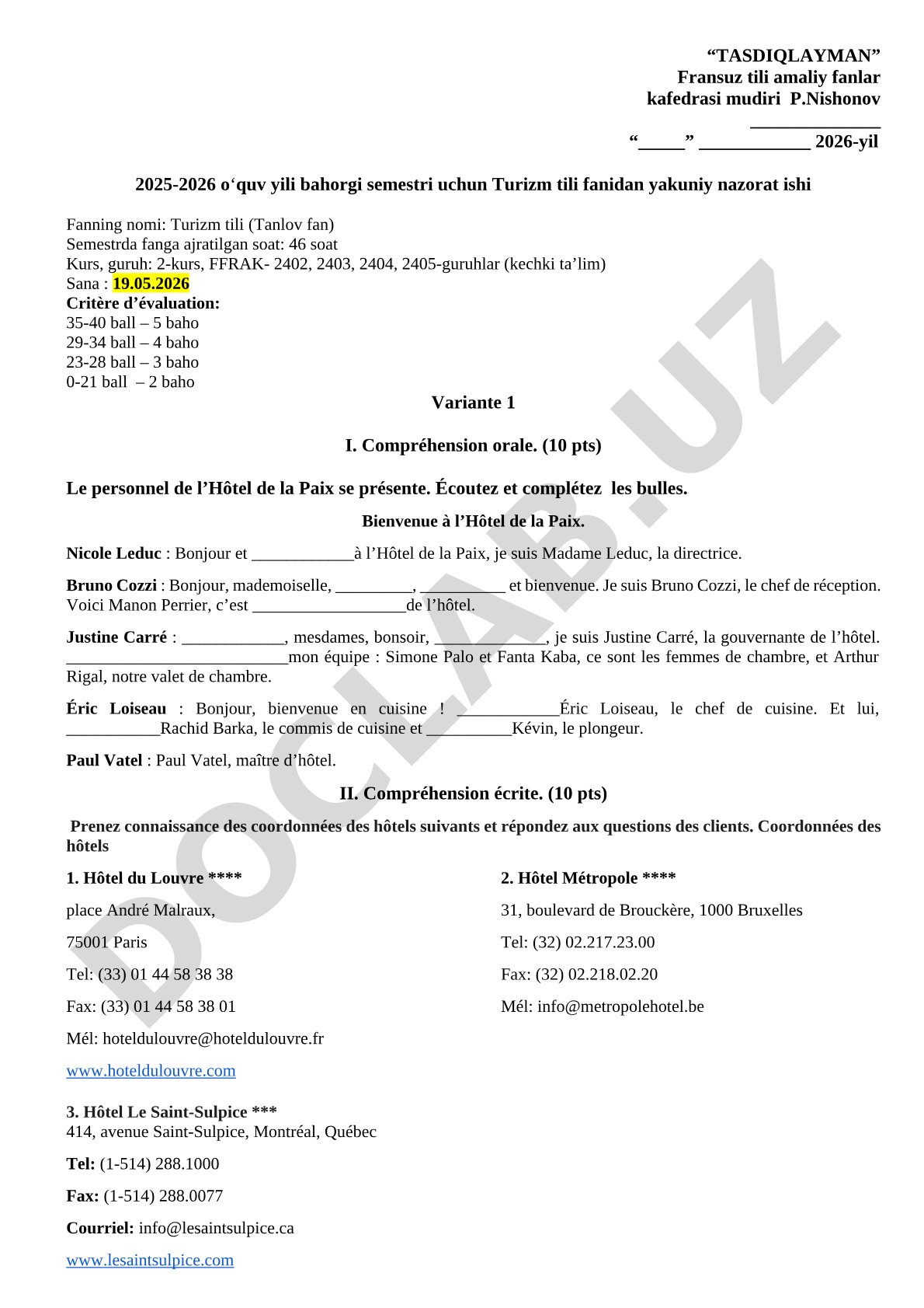 Examen final de français pour le tourisme