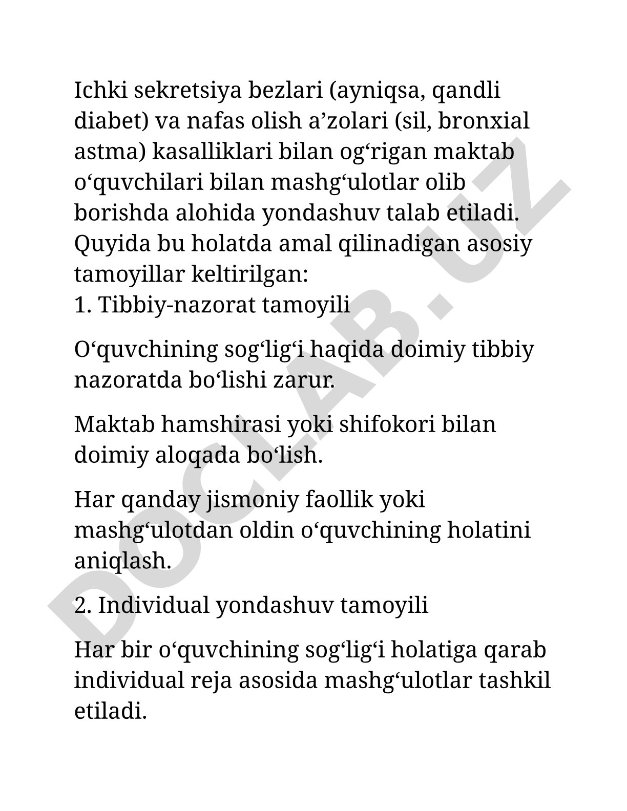 Ichki sekretsiya va nafas a’zolari kasalliklarida maktab o‘quvchilari bilan mashg‘ulotlar