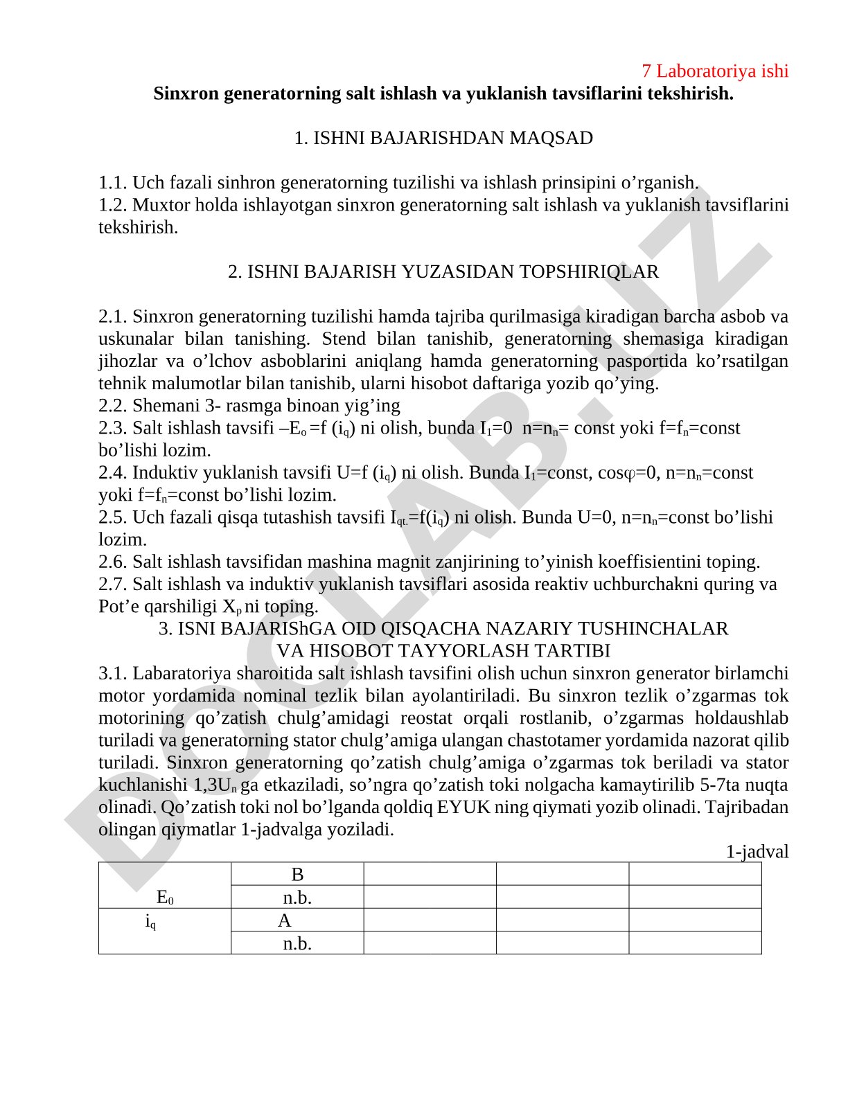 Sinxron generatorning salt ishlash va yuklanish tavsiflarini tekshirish