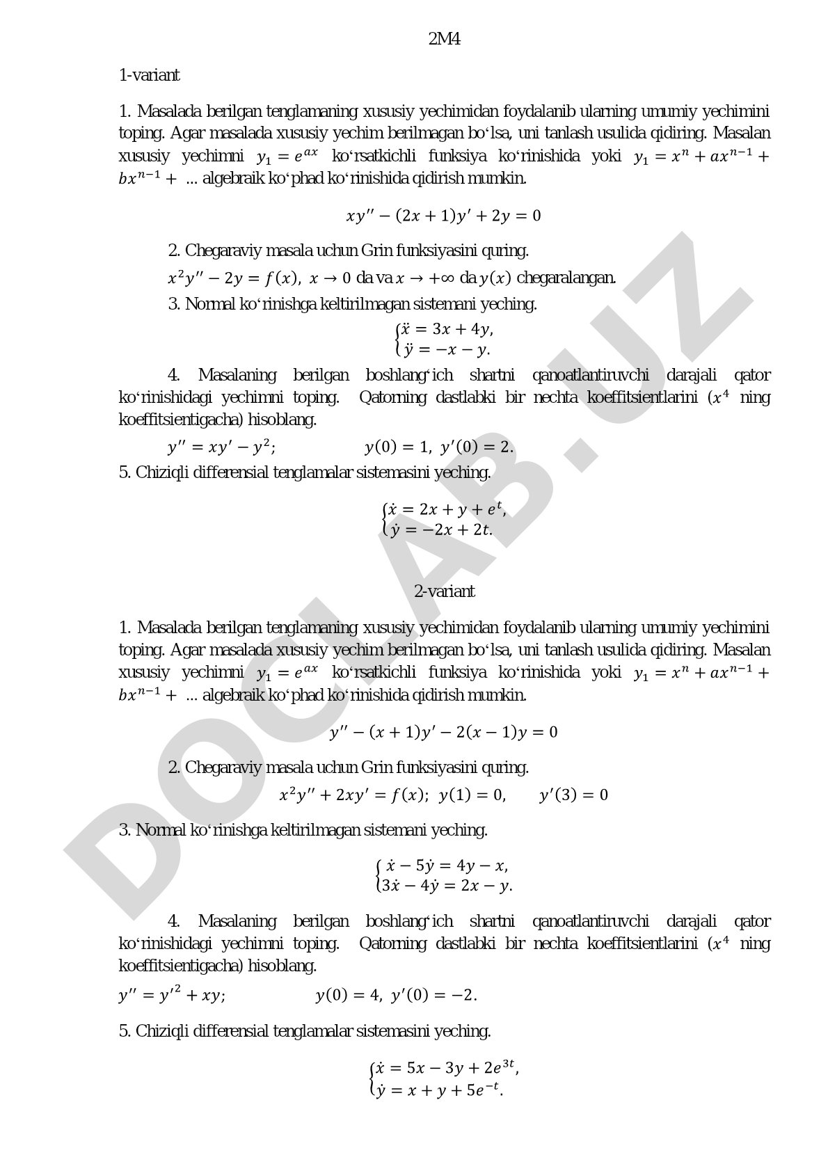 Differensial tenglamalar bo'yicha amaliy masalalar to'plami