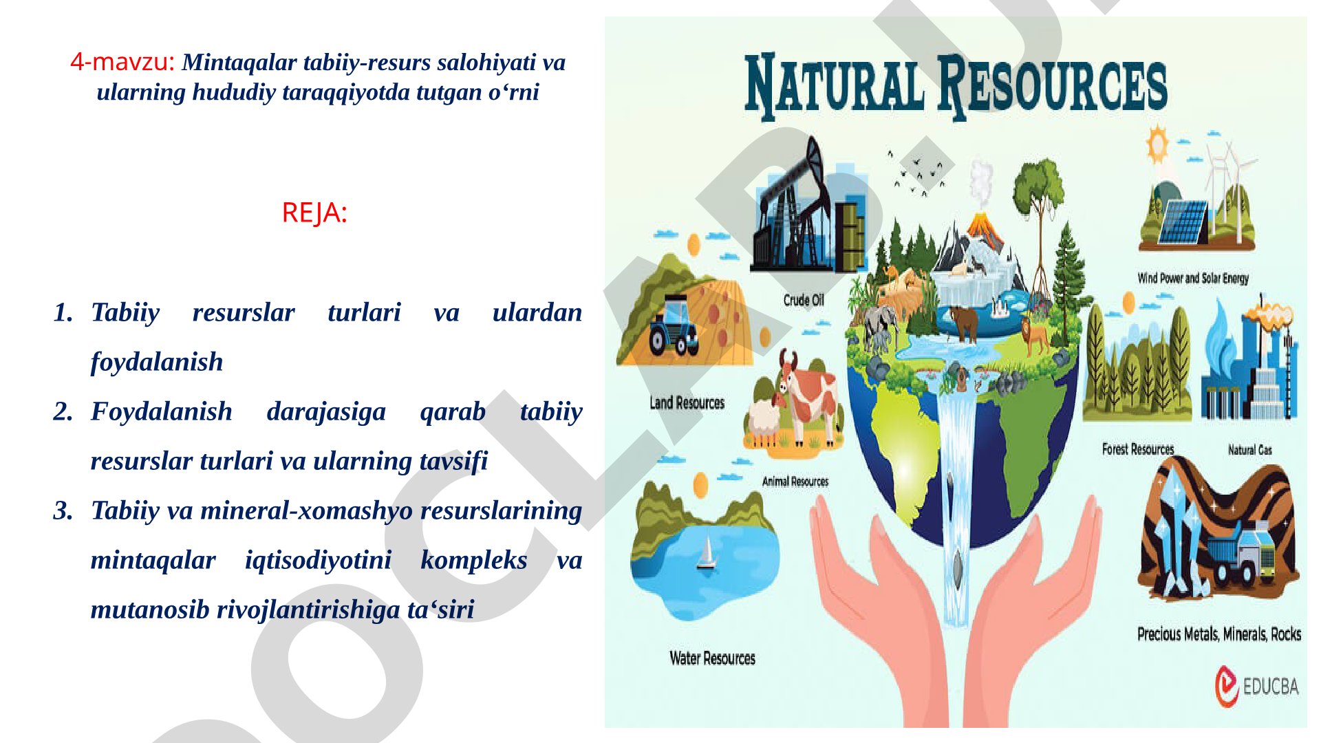Mintaqalar tabiiy-resurs salohiyati va ularning hududiy taraqqiyotda tutgan o‘rni